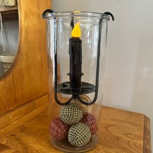 Glass Candle Holder with Black Candle and Decorative Balls